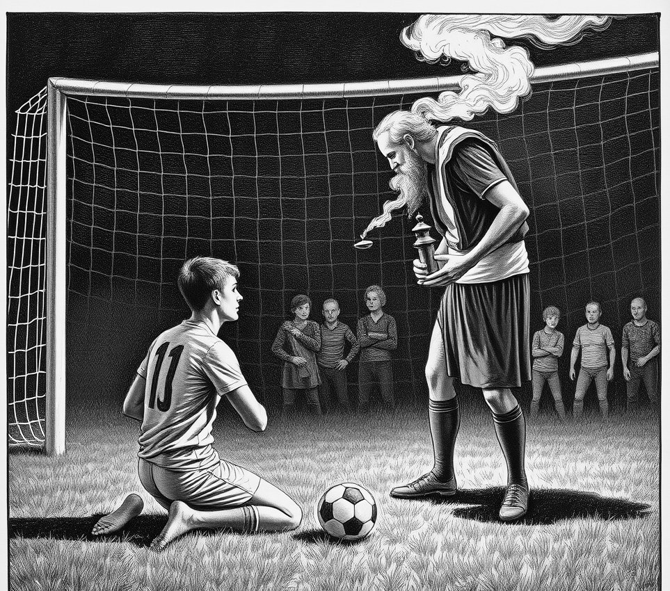 A barefoot football striker kneels solemnly in wet grass before a bearded goalkeeper holding an incense burner inside a goalmouth.