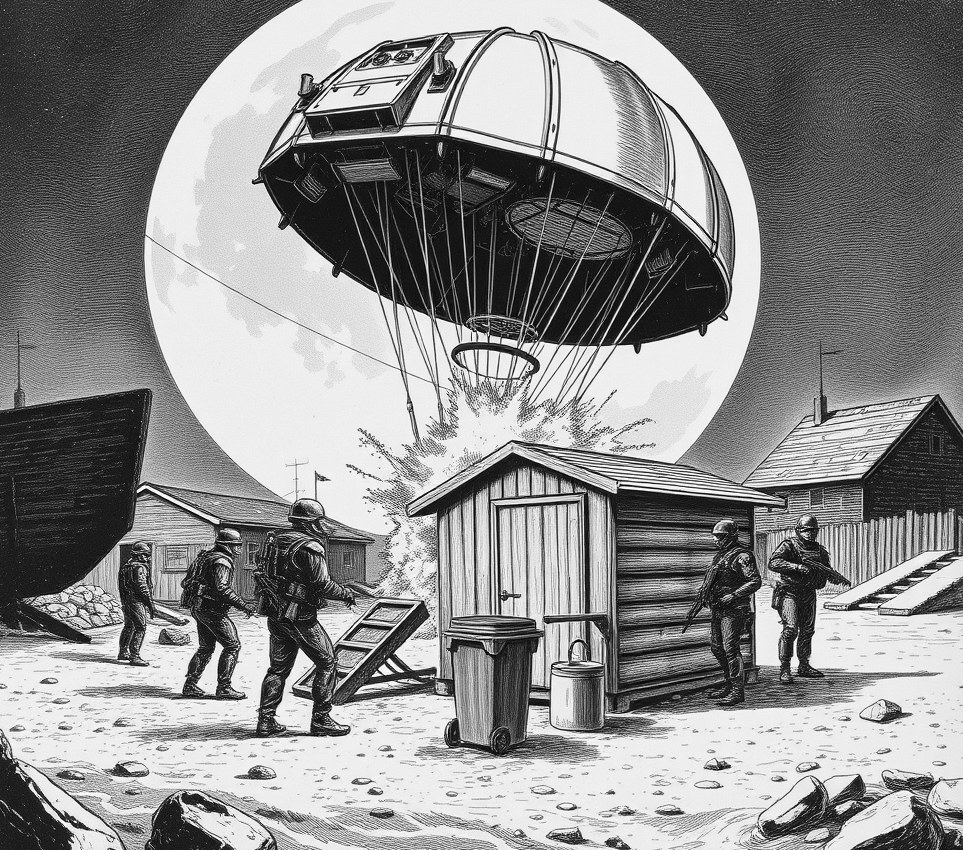 A massive military drop-pod smashes into a small suburban garden shed on a dusty moon surface while soldiers in heavy armour surround a plastic compost bin.