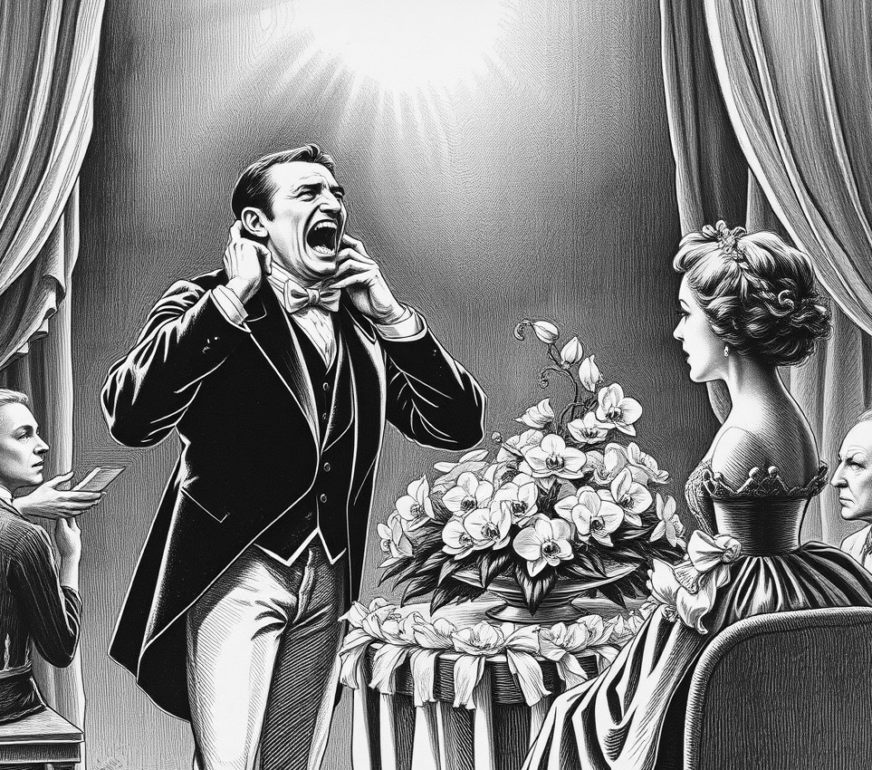 A groom in a stiff velvet suit grimaces wildly at a floral altar while a calm matchmaker arranges floating orchids nearby.