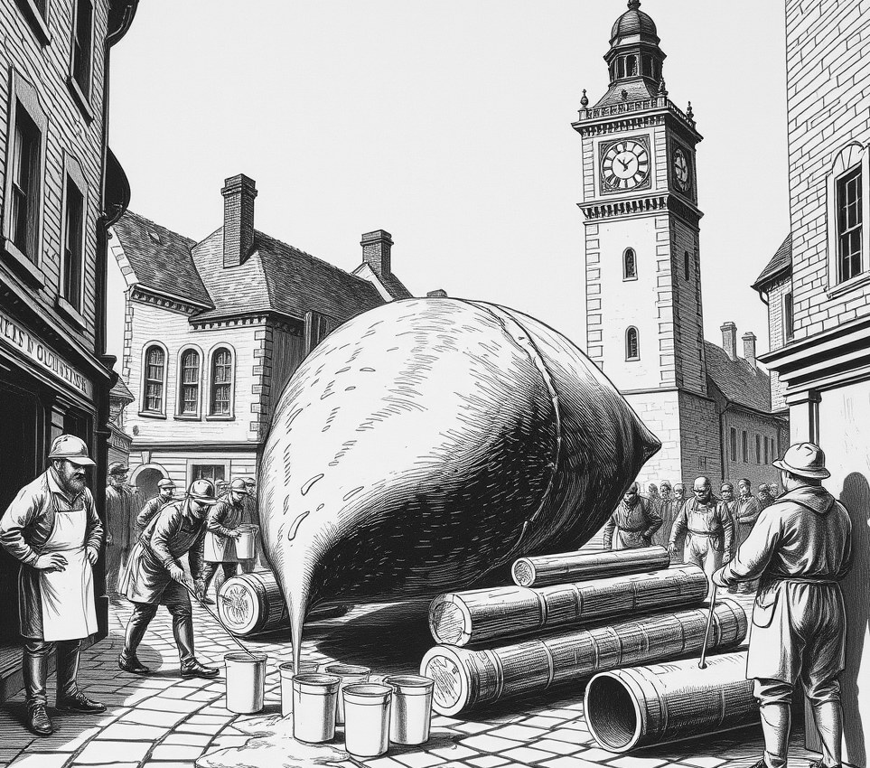 Municipal workers in rubber aprons pour bucketfuls of liquid lard onto cobblestones as a glistening forty-tonne whale liver rolls past a medieval clock tower on wooden logs.