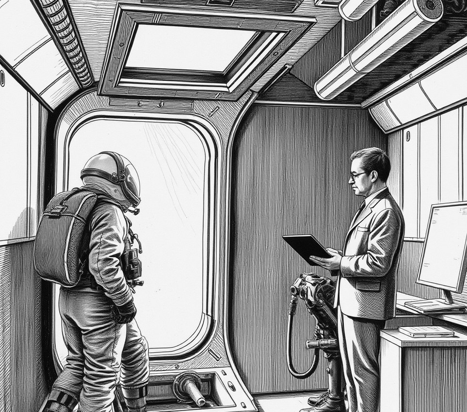 Two technicians in padded flight suits look down through an open floor hatch while a supervisor holds a digital tablet beside an empty office desk.
