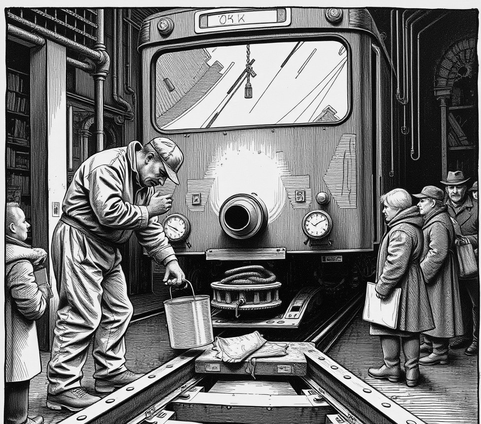 A mechanic in stained coveralls scoops synth-grease from a bucket into the front intake of a giant iron tram while commuters step over a severed rail.