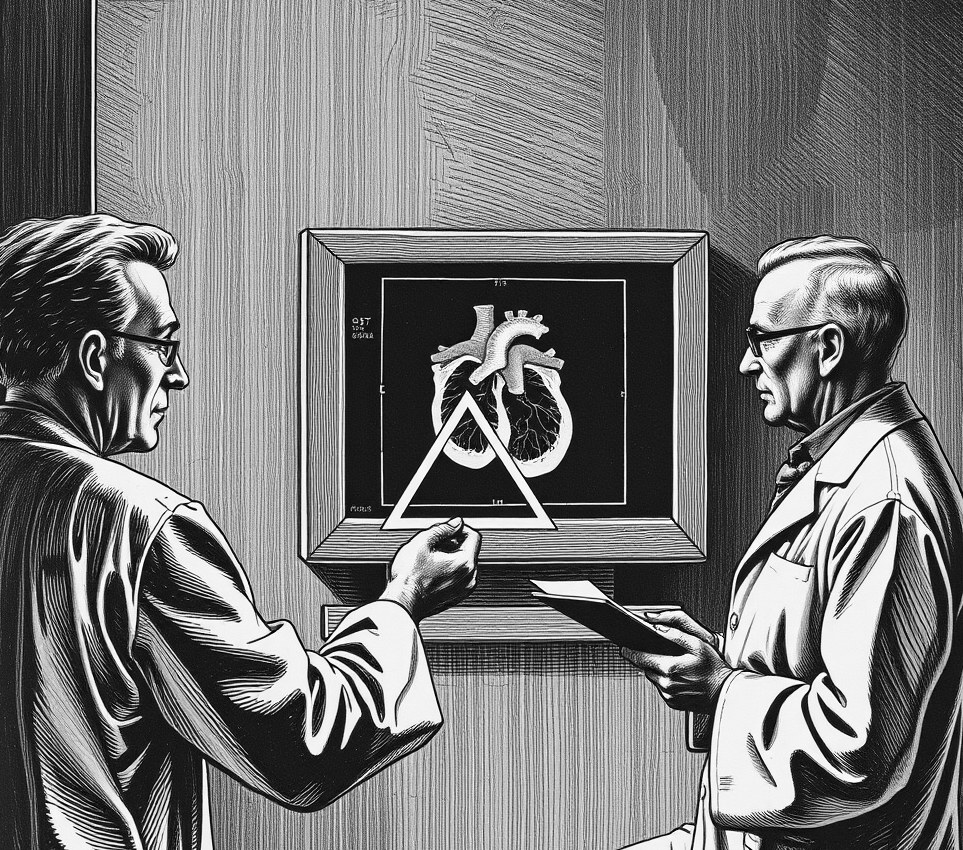 A radiologist holds a plastic triangle against a wall monitor displaying a square heart scan while a doctor takes notes.