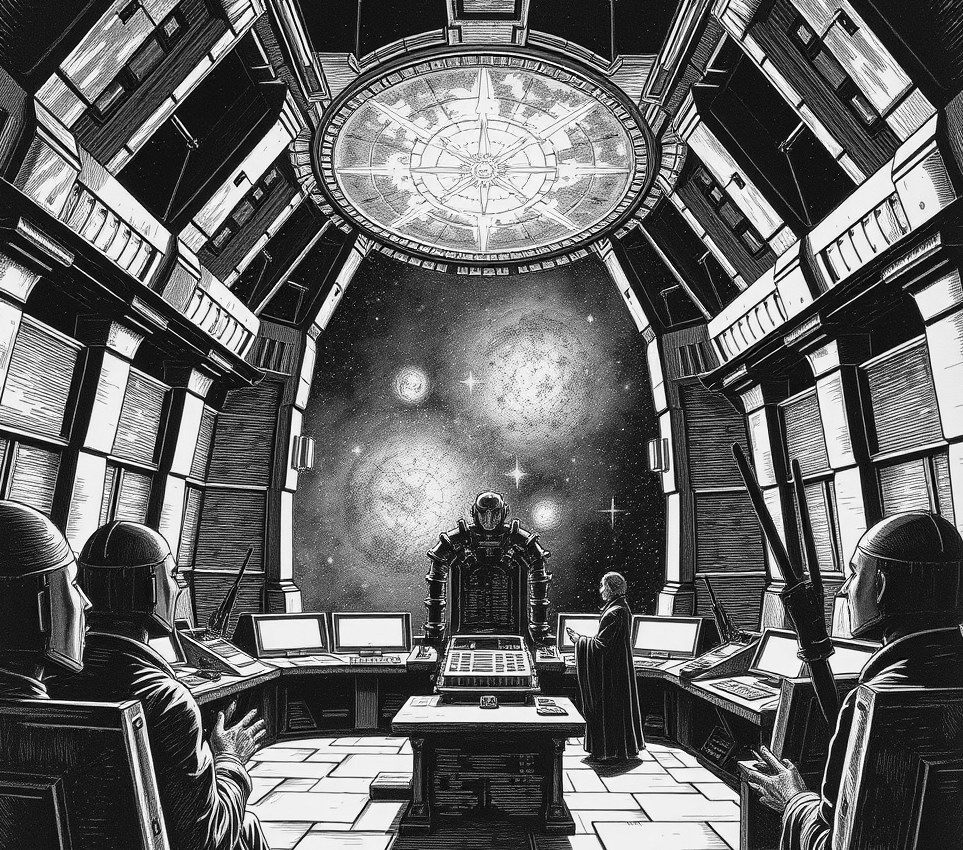 An austere deep-space monastery control room overlooking a star cluster