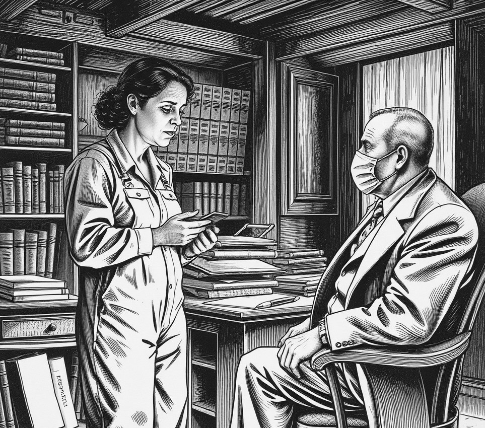 In a dim colonial office, a grieving woman in dusty coveralls shows a glowing handheld screen to a seated insurance adjuster wearing a plastic face filter.