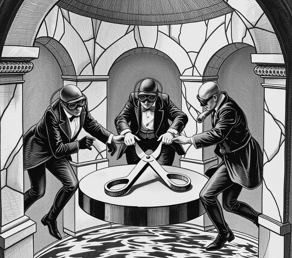 Three evening-wear-clad thieves wearing diving goggles fight over a pair of heavy shears on a floating metal platform inside a submerged marble gallery.