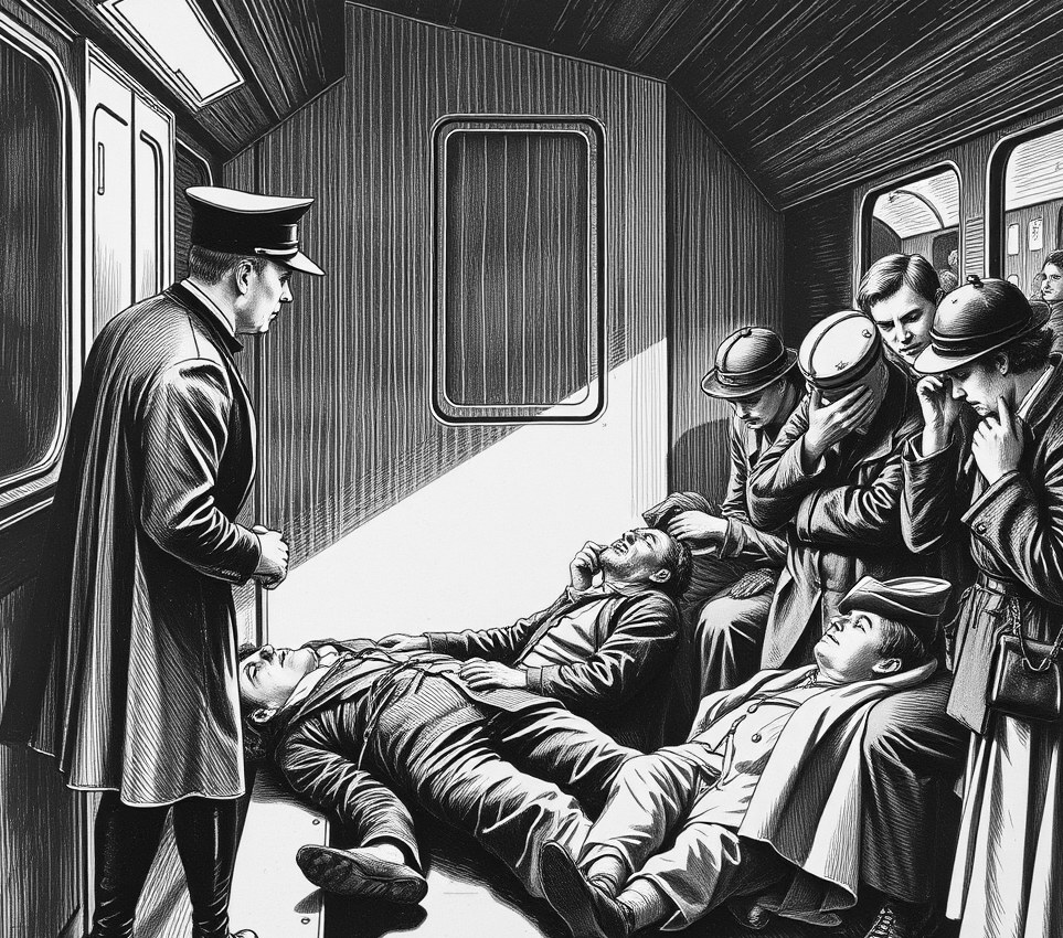 An official in an immaculate tunic stands over two unconscious commuters on a metal platform while other passengers adjust nose-clips.
