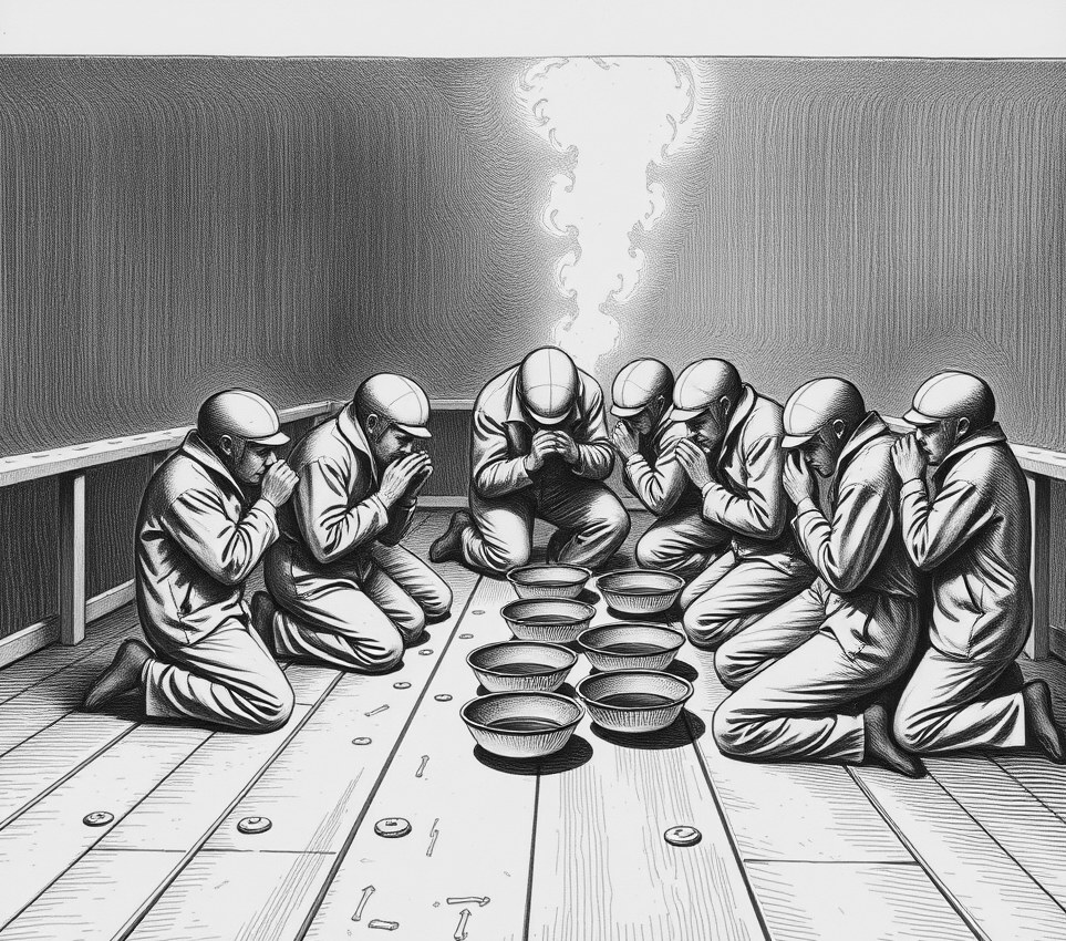 Eleven dock workers in thick orange suits kneel in a circle on a steel deck, spitting into shallow metal trays.