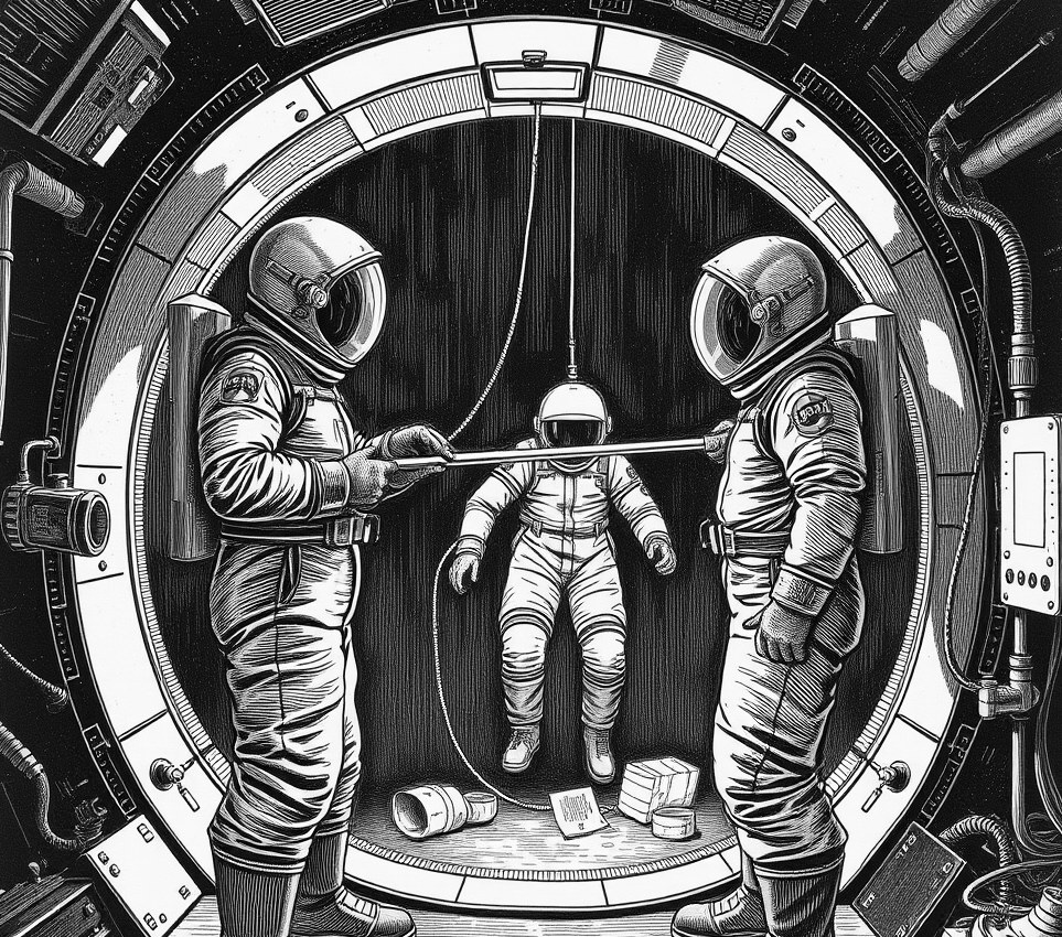 Two technicians in bulky thermal pressure suits stand inside an open airlock, using a long plastic pipe to push a food tube toward a tethered worker who floats six inches past the outer hull.