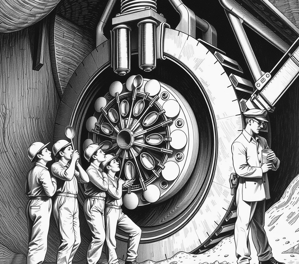 A group of teenagers in heavy overalls hold metal spoons against a massive mining drill head while a health inspector attaches a sanitiser bottle to the excavator frame.