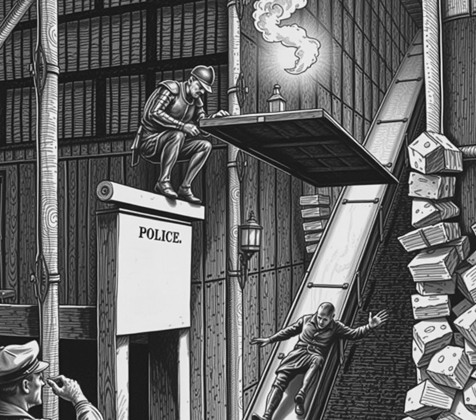 An armoured police officer crouches on a high steel gantry to strike a flint against a brass lamp while a burglar slides down a metal chute.