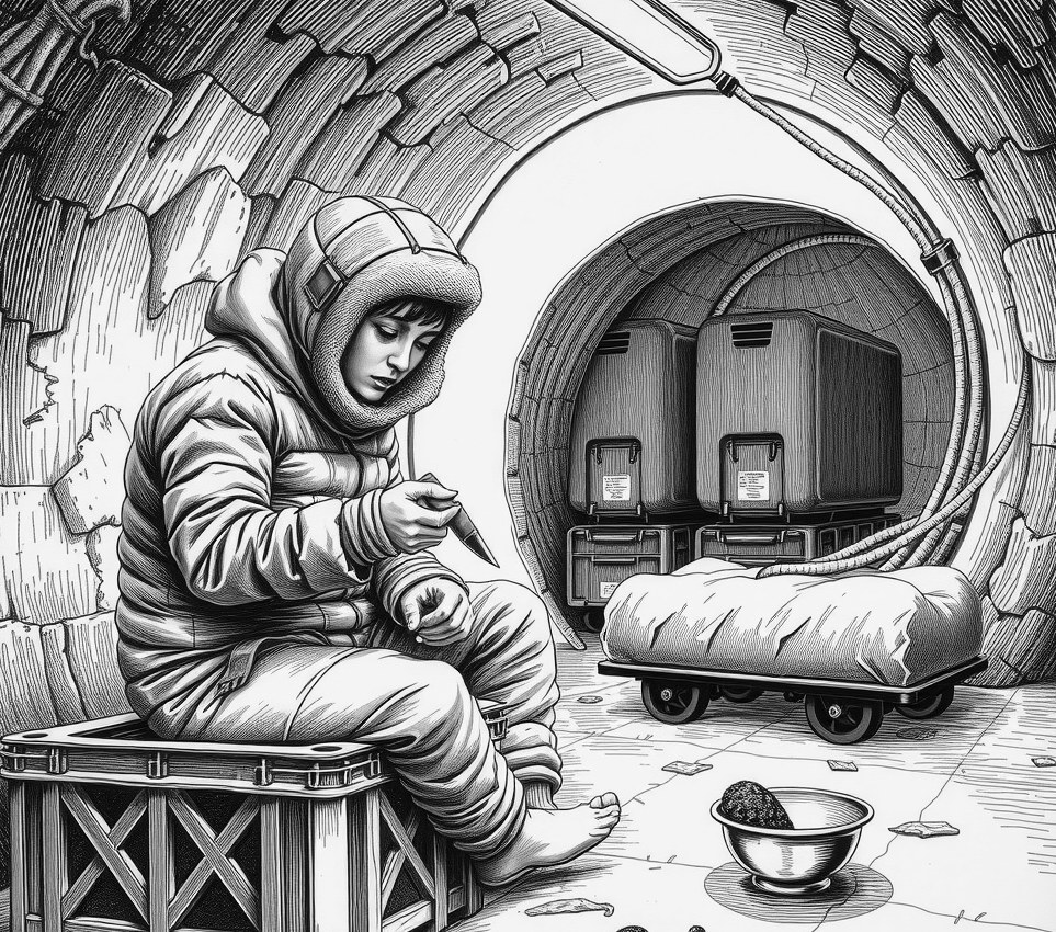 Thirty vault residents stand behind a barricade of cold-storage carts inside a narrow ice tunnel, holding carving knives and steaming soup pots.