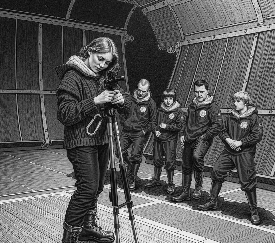 A family in identical red knitted jumpers stands stiffly on the dark metal surface of a space station while a woman adjusts a camera tripod.