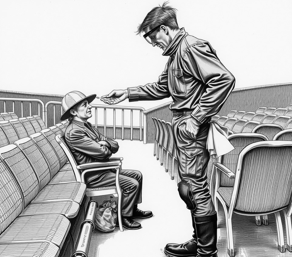 An usher on a open cloud platform hands a clear plastic visor to a theatre patron sitting in the front row.