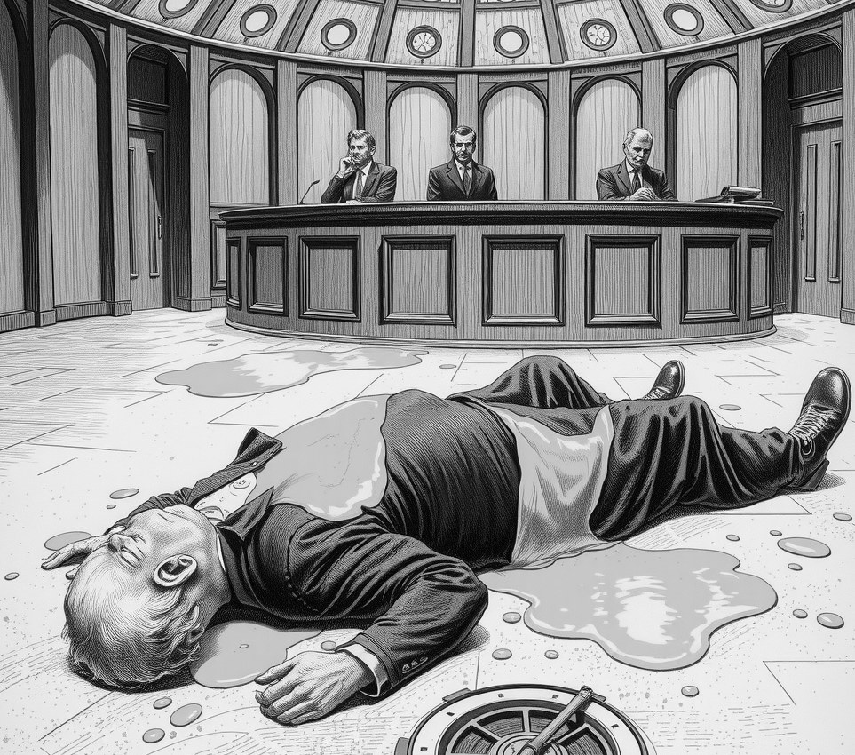 Former Mayor Toby Haze lies sprawled on the polished stone floor of a domed council chamber with soup spilled across his shoes, while seated officials at a long table look away.