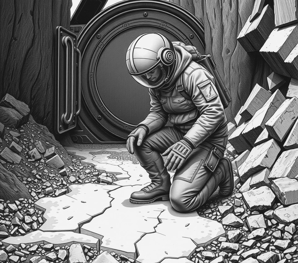 A lawyer in a heavy pressure suit kneels in a rocky gully, using a gloved thumb to write neat paragraphs into white ground frost while frost obscures his helmet visor.