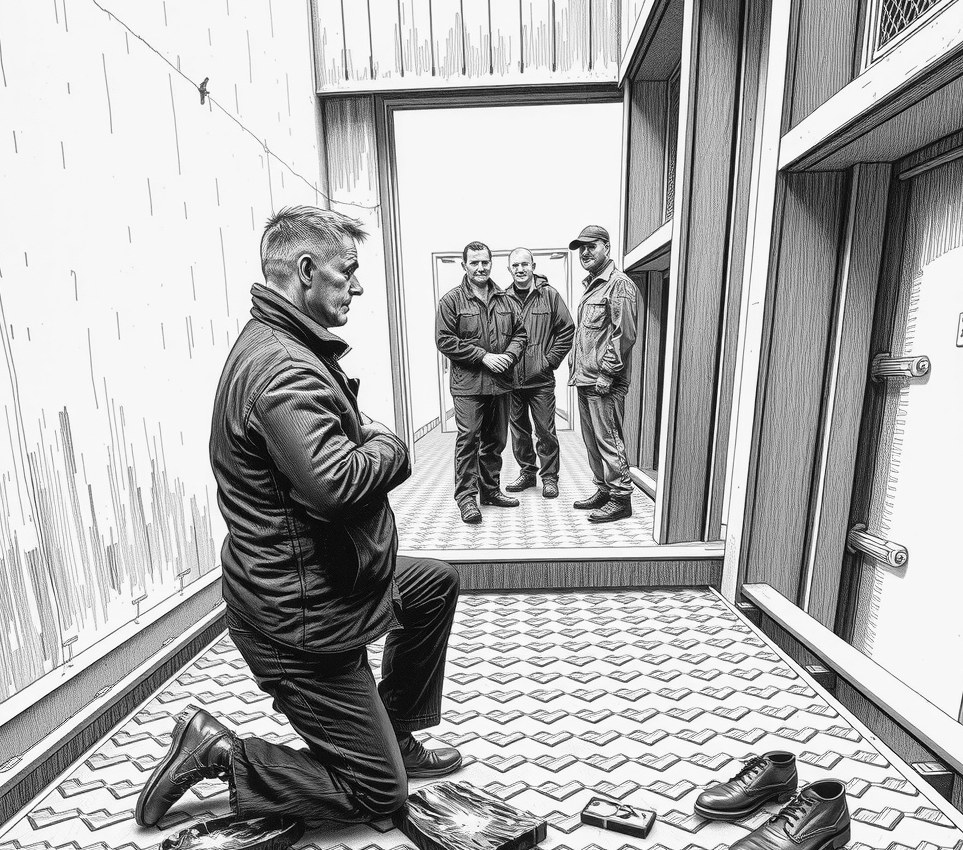 A transport director in a black tunic kneels on the steel platform of a lift shaft, bowing his head toward a scrap of dark polished wood while two technicians watch from a doorway.