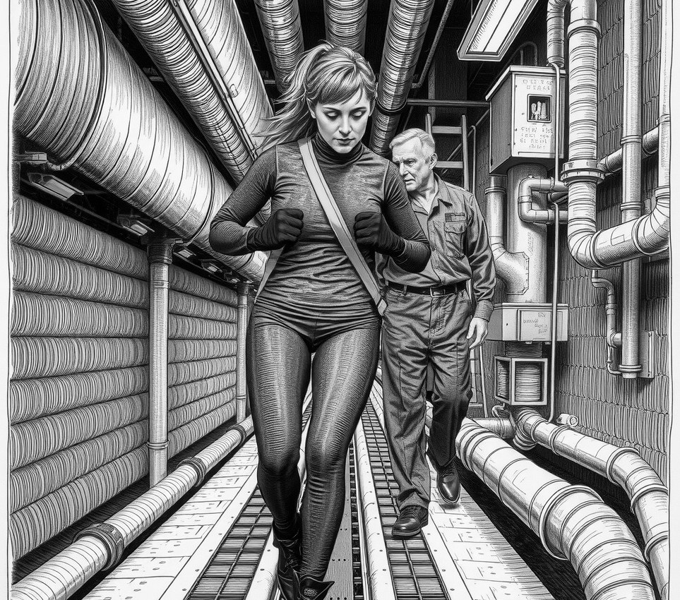 A woman wearing a neon tension-strap and wrist weights power-walks through a narrow zero-gravity pipe corridor, while a retired engineer in grey coveralls glares at her from a maintenance ladder.