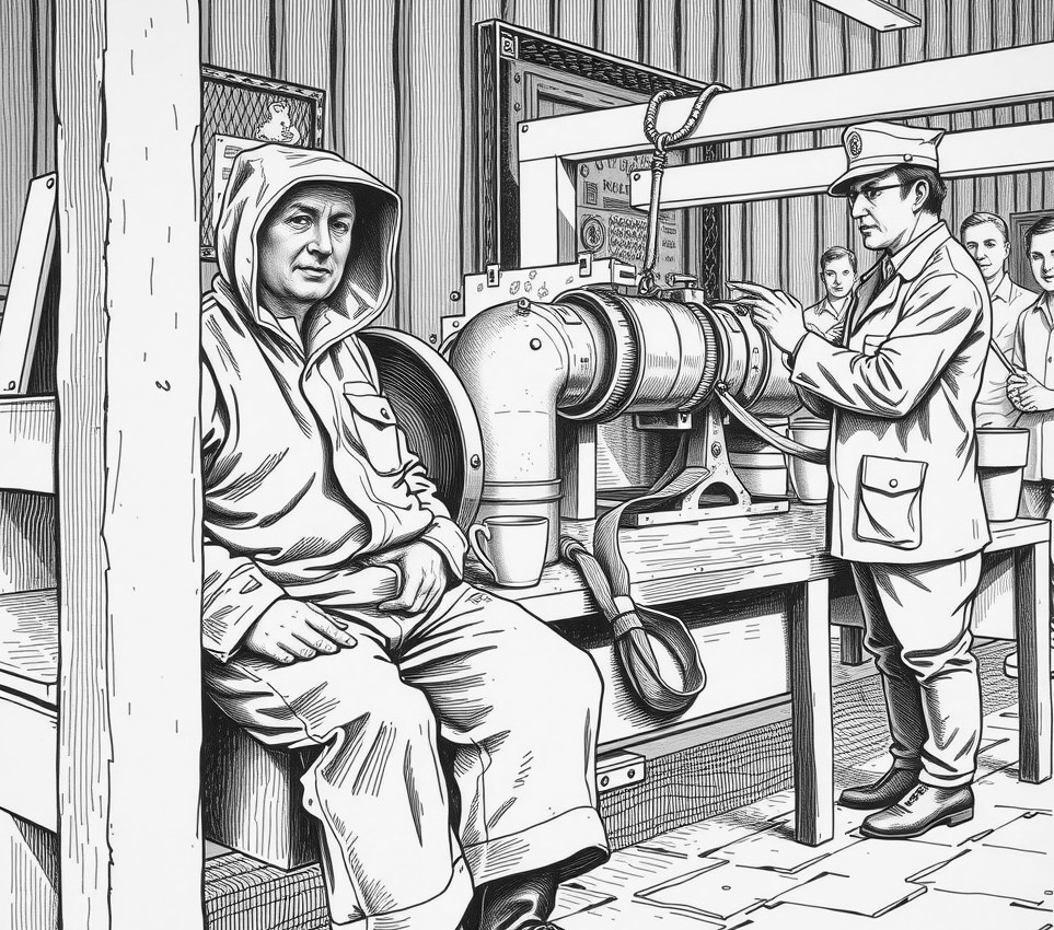 A man in grease-stained blue coveralls sits on a metal workbench beside a thick three-metre grey worm, holding a cup of tea while a safety inspector gestures at a tiny leather strap.