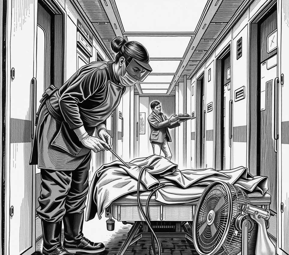 Surgeon Mara Vane, wearing a blue face visor and apron, leans over a patient on a hallway table while a commuter carrying a breakfast tray walks past.