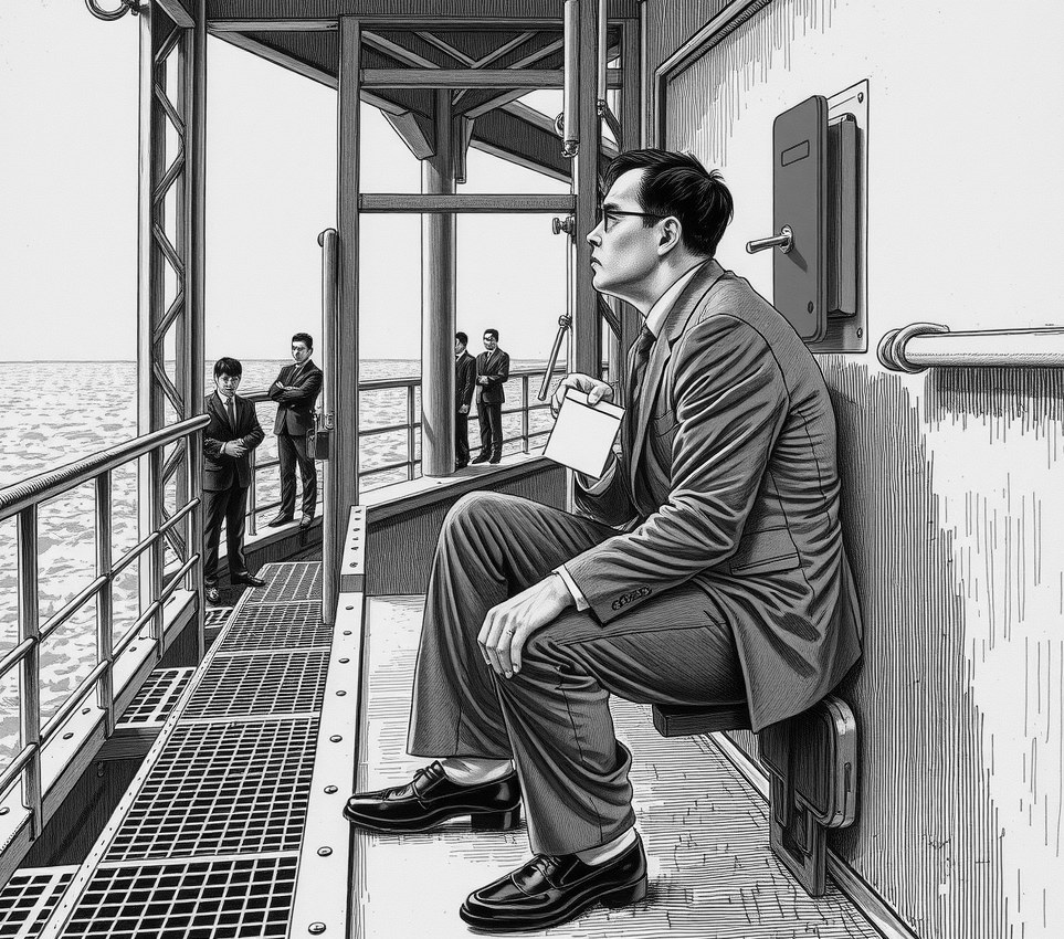 Senior Executive Managing Director Haruki Chen, wearing a grey suit, sits on a cold steel gantry stair while pressing a clearance badge against a glowing red door sensor.
