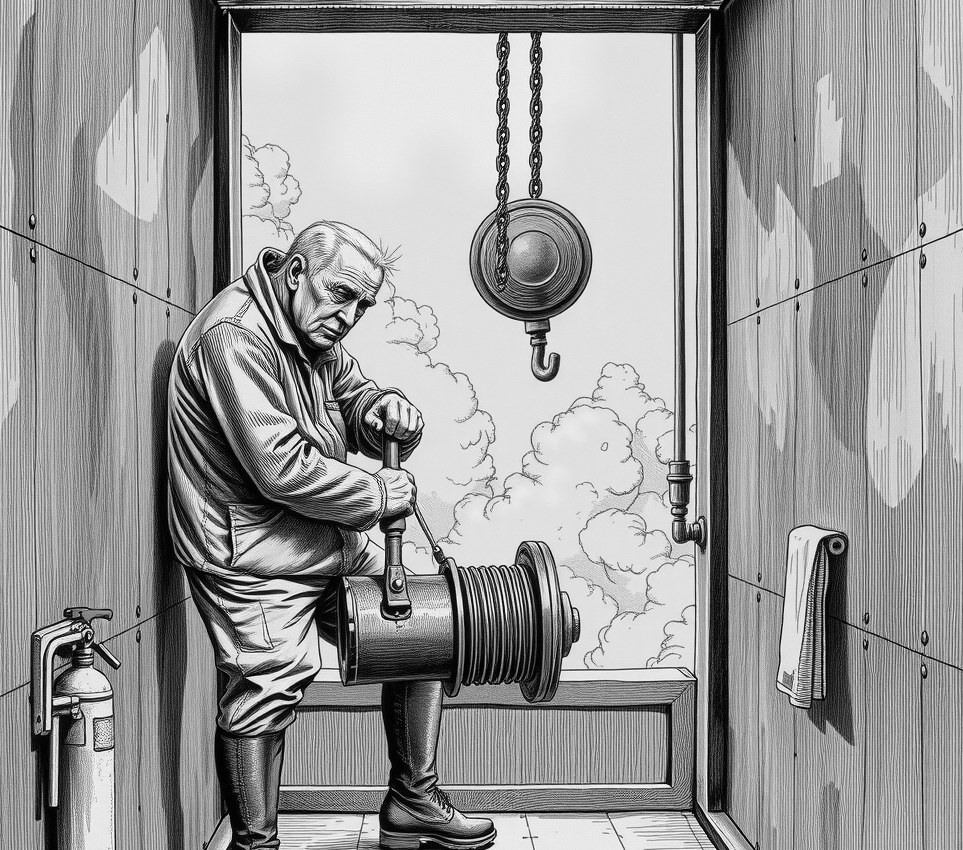 An elderly man in a heavy padded suit turns a massive iron winch handle inside a cramped suspended metal box while a huge brass marker sways on a cable in yellow gas clouds behind him.