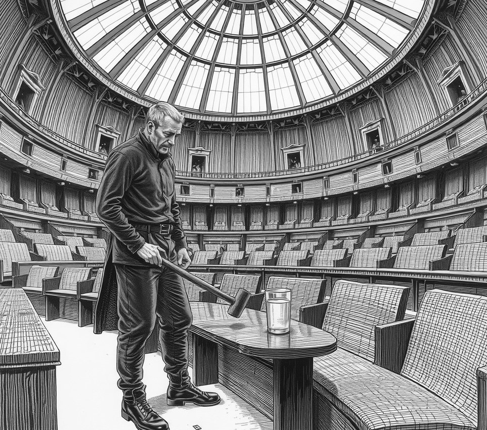 In a dim senate chamber beneath a transparent dome, Silas Rae brings a heavy mallet down onto a dark bench without causing a single ripple in a nearby glass of water.