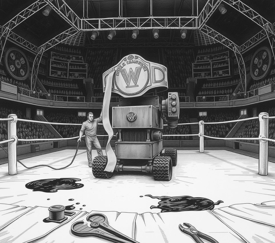 A battered iron mining machine stands motionless in the centre of a boxing ring with a gold championship belt draped over its frame, while technicians string yellow warning tape around it.