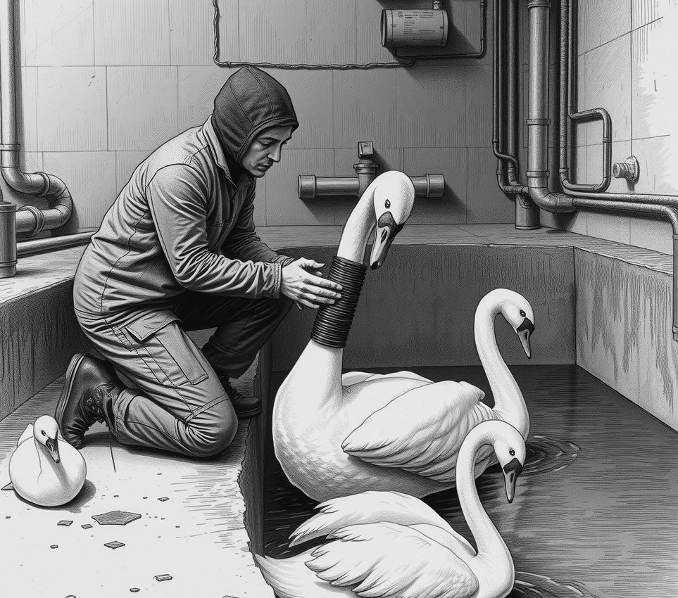 Director Hideo Mori kneels beside a concrete pond in a grey jumpsuit, fitting a rusted steel spring into the neck of a stuffed swan.
