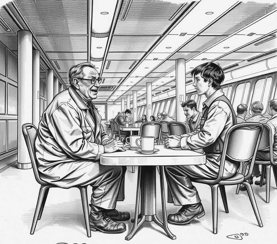 A retired maintenance fitter in a stiff grey work jacket sits at a tea table, forcing a wide smile at a teenager whose cheeks are throbbing crimson.