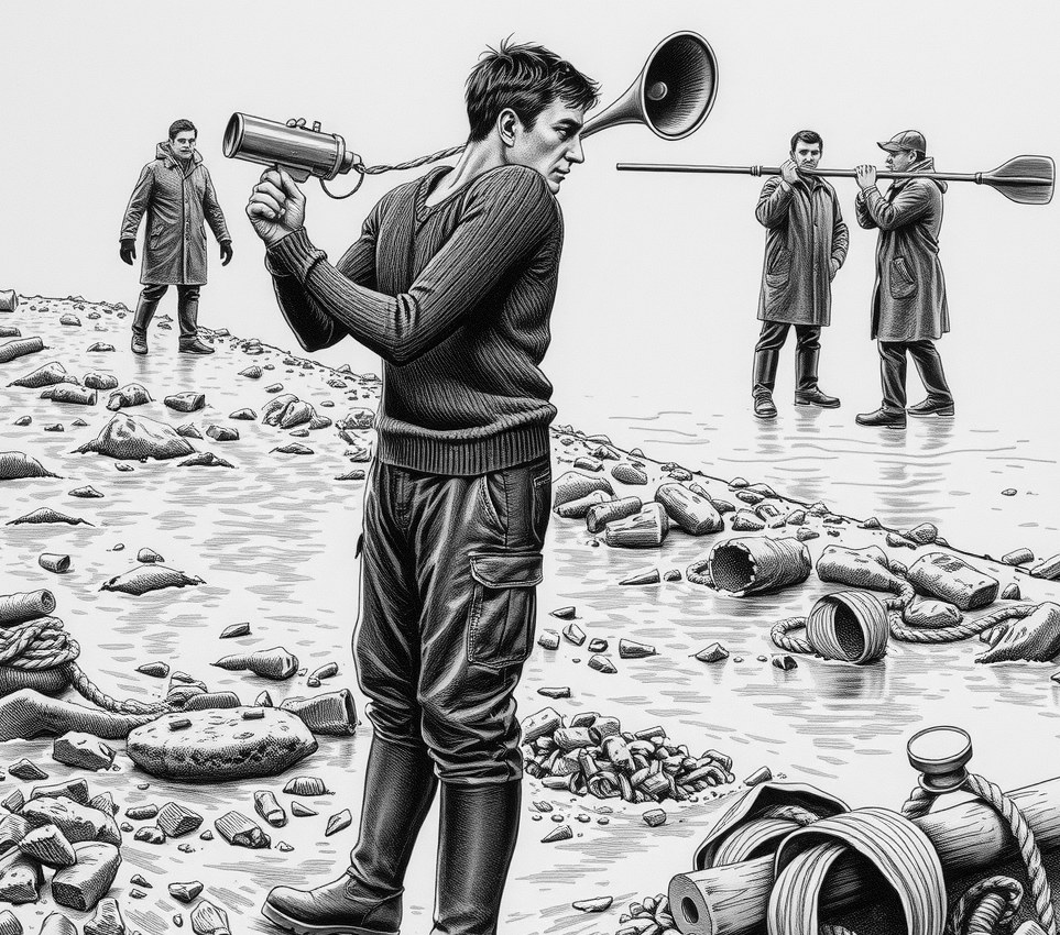 A coxswain in a soaked wool jersey stands in the river mud swinging a brass megaphone at two race judges who are holding wooden oars.