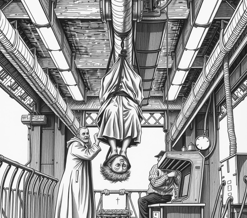 An elderly priest in a grease-stained grey robe hangs upside down by his ankles from an overhead steel pipe, lowering a wicker basket on a long rod toward a seated station worker.