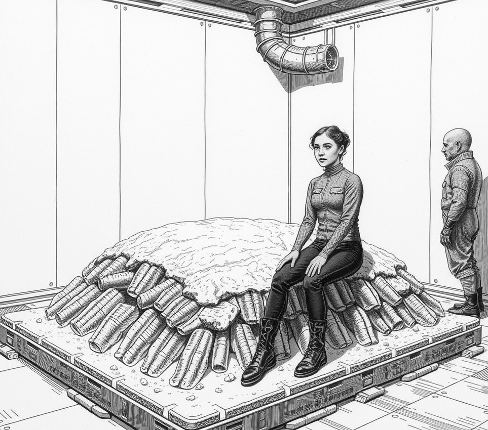 Soraya Blythe sits on the edge of a calcified double mattress while a life-support technician sprays algae broth onto the hardened bedposts.
