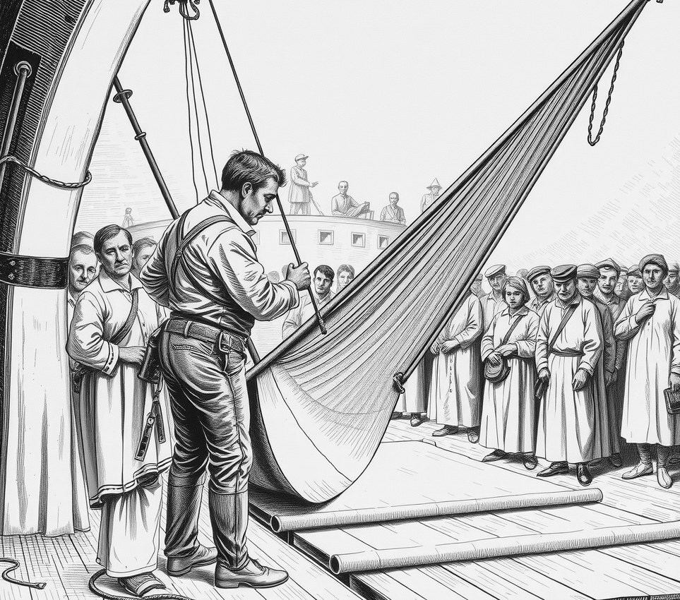 A master folderman in an oiled work suit leans over a glowing foil sail with a heavy resin press, creasing a broad seam on the berth deck.