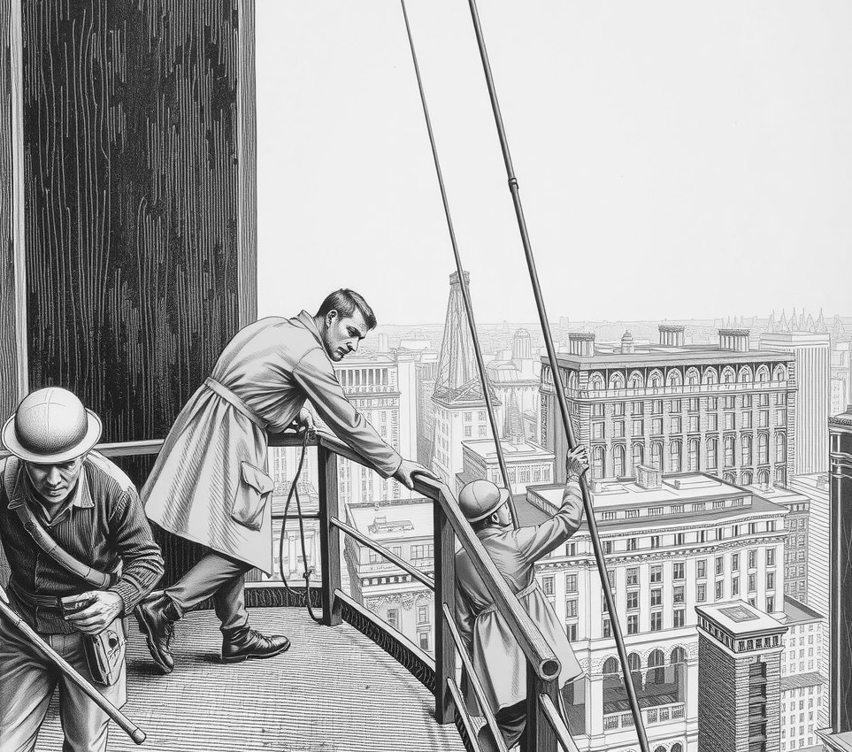 A worker in a yellow rubber coat leans over a high catwalk six hundred metres up, pushing a fifty-foot mop against the curved glass sky while acid drips from the pad.