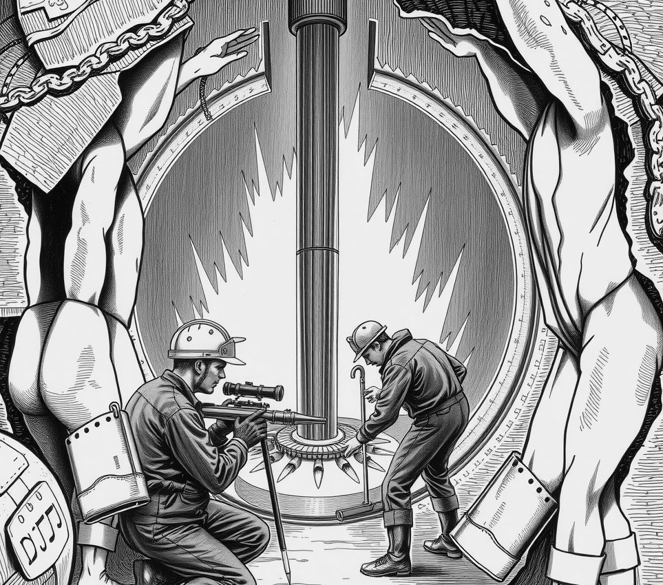 A helmeted miner in grease-stained coveralls aims a heavy heat bore at a glowing metal wall inside a towering hollow pillar, two crewmen measuring the polished floor behind him.