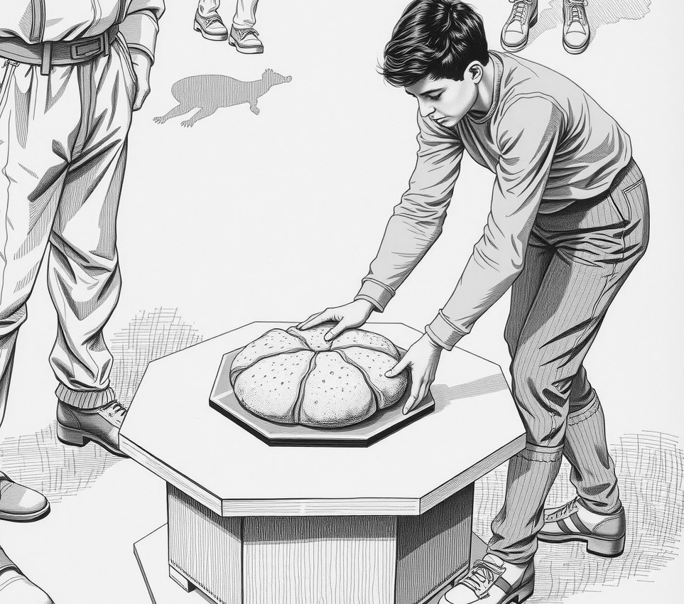 A young man in a yellow shirt sets a plate of flatbread on a folding table inside a rusted steel airlock, an elderly woman in a heavy work coat watching him from the doorway.