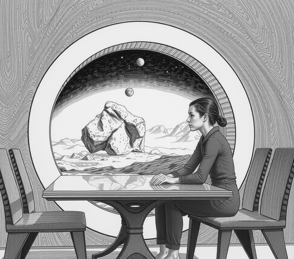 Priya Nair sits rigidly at a formal dinner table in a grey jumpsuit, staring through a reinforced window at a dark, ice-crusted rock.