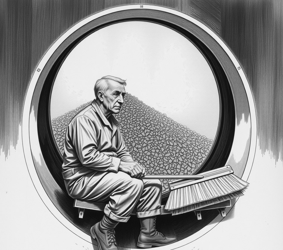 An elderly clerk in a canvas jumpsuit sits inside a small metal sphere, holding a push-broom and looking out of a thick window at a heap of glittering grey gravel.