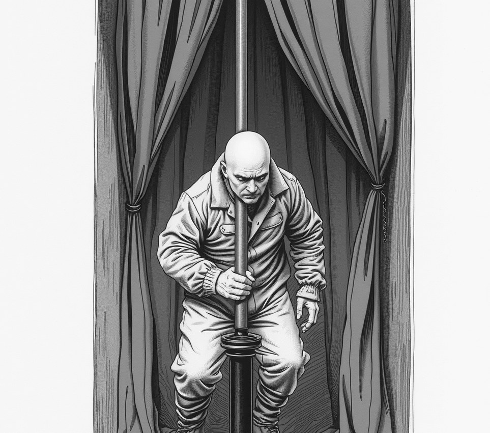 A voter in a padded grey jumpsuit leans weak-kneed inside a heavy velvet polling booth, reaching for a greased steel lever while drapes press tight around him.