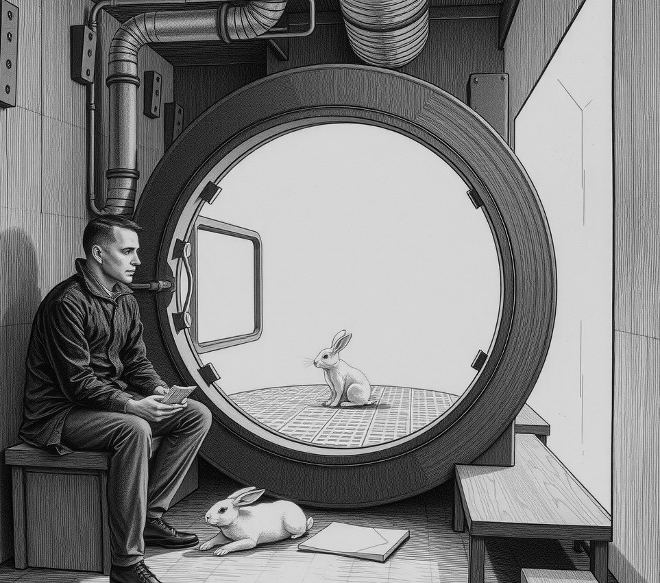 Kassim Mir sits on a metal bench outside a sealed airlock glass panel, shuffling a deck of cards while a white rabbit sits inside a glowing chamber.