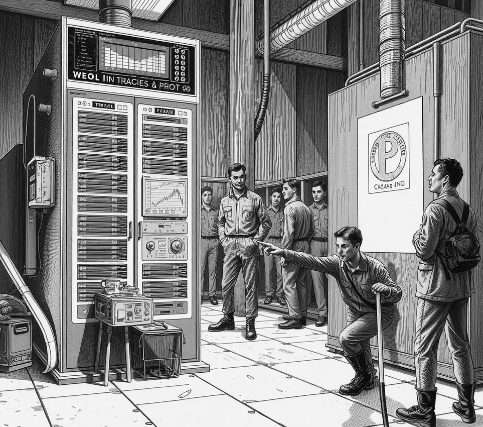 A line-sweeper in oil-stained overalls kneels before a glowing server rack while pointing at a terminal screen displaying cricket statistics.