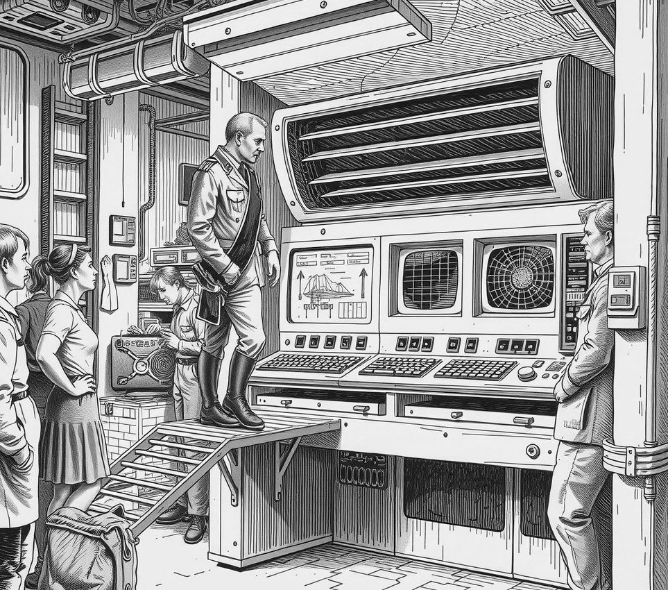A commander in a black mourning sash stands on a metal gantry, whispering into the ventilation grille of a massive, dark computer console while wearing oversized grey felt slippers.
