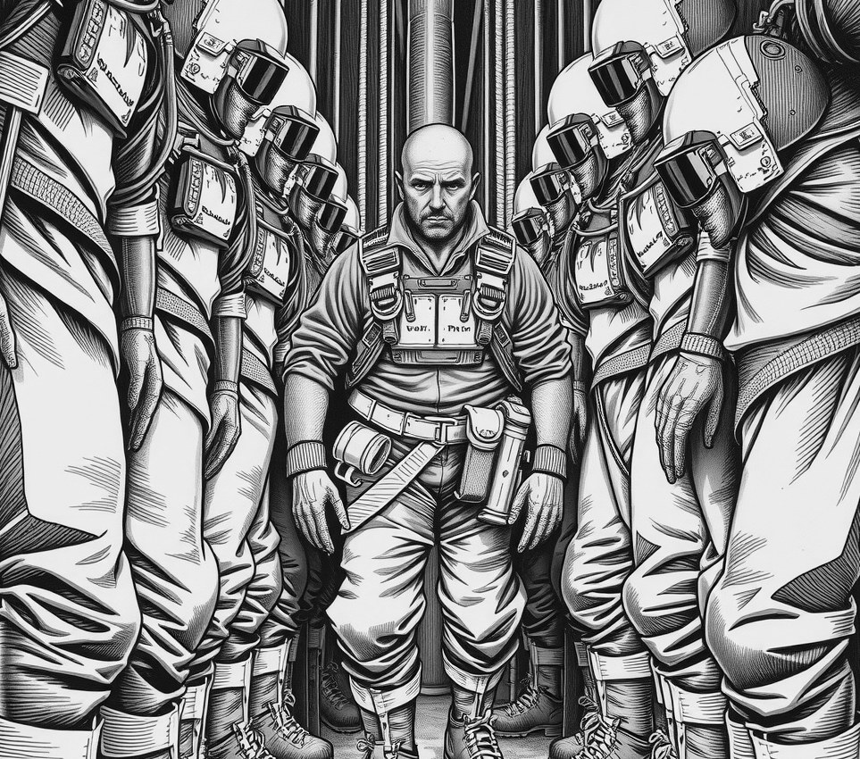 Twelve miners in dust-caked pressure suits cling together in a tight, vertical mass inside a dark steel lift shaft.