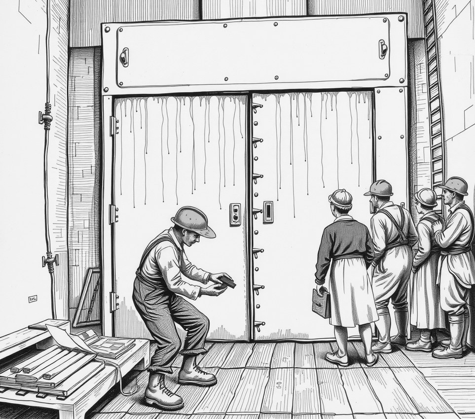 A slim artist in paint-splattered overalls kneels on the metal floor, weeping as he clutches a piece of charcoal before a massive, unpainted steel blast door.