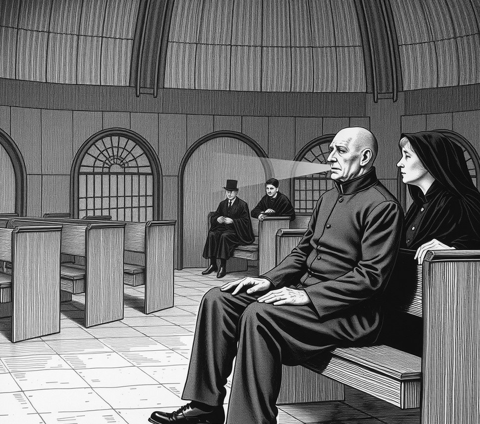 A mourner in a dark grey tunic sits with his lips pressed tightly shut in a dim chapel while bright green light leaks between his teeth, two relatives staring beside him.