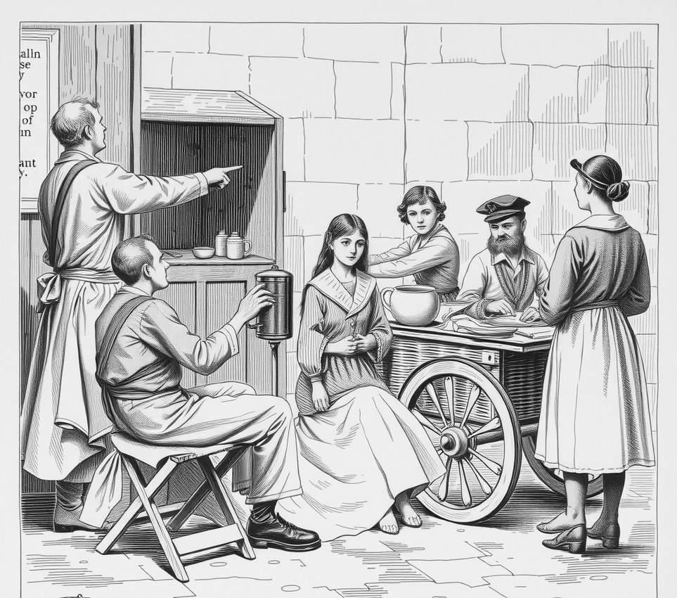 A clerk sitting on a canvas folding stool holds a copper vaporiser toward a wicker cart where a man in a woollen tunic points to his thigh.